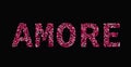 The word Amore made of little hearts shades of red and pink on black background. Love in Italian. Valentine s day typography