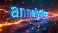 Word analytics glows neon blue in futuristic digital tech scene. Orange, blue light particles form flowing waves, big data Royalty Free Stock Photo