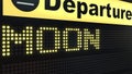 MOON word appearing on airport departure board. Space travel related conceptual 3D rendering