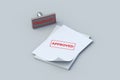 Word approved on stamp on paper sheets. Documents approval concept Royalty Free Stock Photo