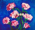 Word art of beads on the picture. Hand drawn carnation flowers on bright blue background. Picture made by oil on cardboard.