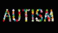 Word AUTISM made of multi colored puzzle pieces on black background. Vector illustration. Royalty Free Stock Photo