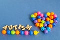 The word autism from simple wooden letters and a puzzle of multi-colored beads is folded in the shape of a heart. Royalty Free Stock Photo