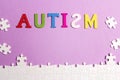 Word Autism with white puzzle on a violet background. Autism Awareness Day Royalty Free Stock Photo