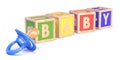 Word BABY made of wooden blocks toy and baby pacifier 3D Royalty Free Stock Photo