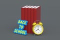 Word back to school near books and alarm clock. Education concept Royalty Free Stock Photo