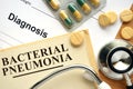 Word Bacterial pneumonia on a paper and pills. Royalty Free Stock Photo