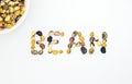 Word Bean from beans on white background. Healthy food banner template. Kidney bean ornament on table