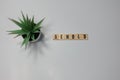 The word Behold written in wooden letter tiles on a white background