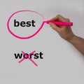 The word best is circled with a pink pencil by a hand with a bubble, the word worst is crossed out