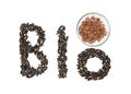 Word Bio made of sunflower seeds and linseeds on the white background