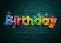 Birthday written out in rainbow glitter 3D text for a birthday invitation or card