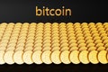 The word Bitcoin near a large number of bitcoin coins