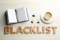 Word Blacklist of letters, cup with coffee and office stationery on white wooden desk, flat lay Royalty Free Stock Photo