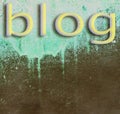 Word `blog` written on blue dripping damaged wall background.