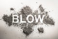 Word blow written in ash, dust, dirt, sand cloud as wind, smoke, hygiene, explosion, bomb, war concept background Royalty Free Stock Photo