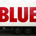 Word blue on lorry or truck