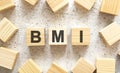 The word BMI consists of wooden cubes with letters, top view on a light background Royalty Free Stock Photo