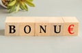The word BONUS with the Euro sign, remuneration for work, is written on the wooden cubes