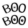 Word BOO text with hanging spider insect silhouette. Two eyes. Cute cartoon kawaii character set. Happy Halloween greeting card. Royalty Free Stock Photo