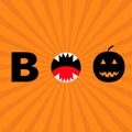 Word BOO text with smiling sad black pumpkin silhouette. Angry screaming mouth fangs, tongue. Happy Halloween. Greeting card. Flat