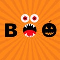 Word BOO text with smiling sad black pumpkin silhouette. Angry screaming mouth fangs, tongue. Red eyes. Evil eyeballs. Happy Hallo