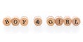 Word Boy & Girl from circular wooden tiles with letters children toy.