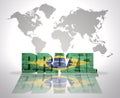Word Brazil on a world map background