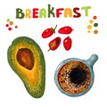 The word `Breakfast`, multi-colored peas, four red cherry tomatoes, a cup of strong coffee and half an avocado.