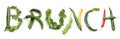 word BRUNCH from green red chili peppers, yellow carrot, celery stick and salad lettuce leaf letters Royalty Free Stock Photo