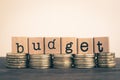 The word Budget on currency, gold coins stack. Royalty Free Stock Photo