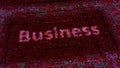 A word business transformed into the cloud of pixels on the background of a circuit board. Animation. Digital pixelated