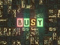 The word Busy as neon glowing unique typeset symbols, luminous letters busy