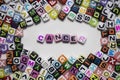 The word CANCER written with colorful cubes with other cubes lying around