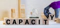 The word CAPACITY is written on a wooden blocks on a yellow background. Business concept Royalty Free Stock Photo