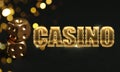 Word Casino and dice on dark background with blurred lights. Banner design