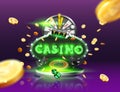 The word Casino, surrounded by a luminous frame and attributes of gambling, on a explosion background Royalty Free Stock Photo