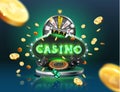 The word Casino, surrounded by a luminous frame and attributes of gambling, on a explosion background Royalty Free Stock Photo