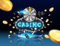 The word Casino, surrounded by a luminous frame and attributes of gambling, on a explosion background Royalty Free Stock Photo