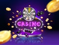 The word Casino, surrounded by a luminous frame and attributes of gambling, on a explosion background Royalty Free Stock Photo