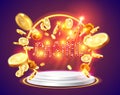 The word Casino, surrounded by a luminous frame and attributes of gambling, on a explosion background Royalty Free Stock Photo