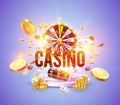 The word Casino, surrounded by a luminous frame and attributes of gambling, on a explosion background Royalty Free Stock Photo