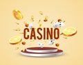 The word Casino, surrounded by a luminous frame and attributes of gambling, on a explosion background Royalty Free Stock Photo