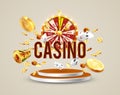 The word Casino, surrounded by a luminous frame and attributes of gambling, on a explosion background Royalty Free Stock Photo