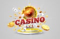 The word Casino, surrounded by a luminous frame and attributes of gambling, on a explosion background Royalty Free Stock Photo