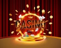 The word Casino, surrounded by a luminous frame and attributes of gambling, on a explosion background Royalty Free Stock Photo