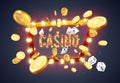 The word Casino, surrounded by a luminous frame and attributes of gambling, on a explosion background Royalty Free Stock Photo