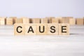 word CAUSE inscribed on wooden cubes lying on a light table. economy and investments concept. Royalty Free Stock Photo
