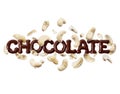 The word chocolate with cashew nuts on a white background Royalty Free Stock Photo