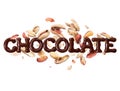 The word chocolate with peanuts on a white background